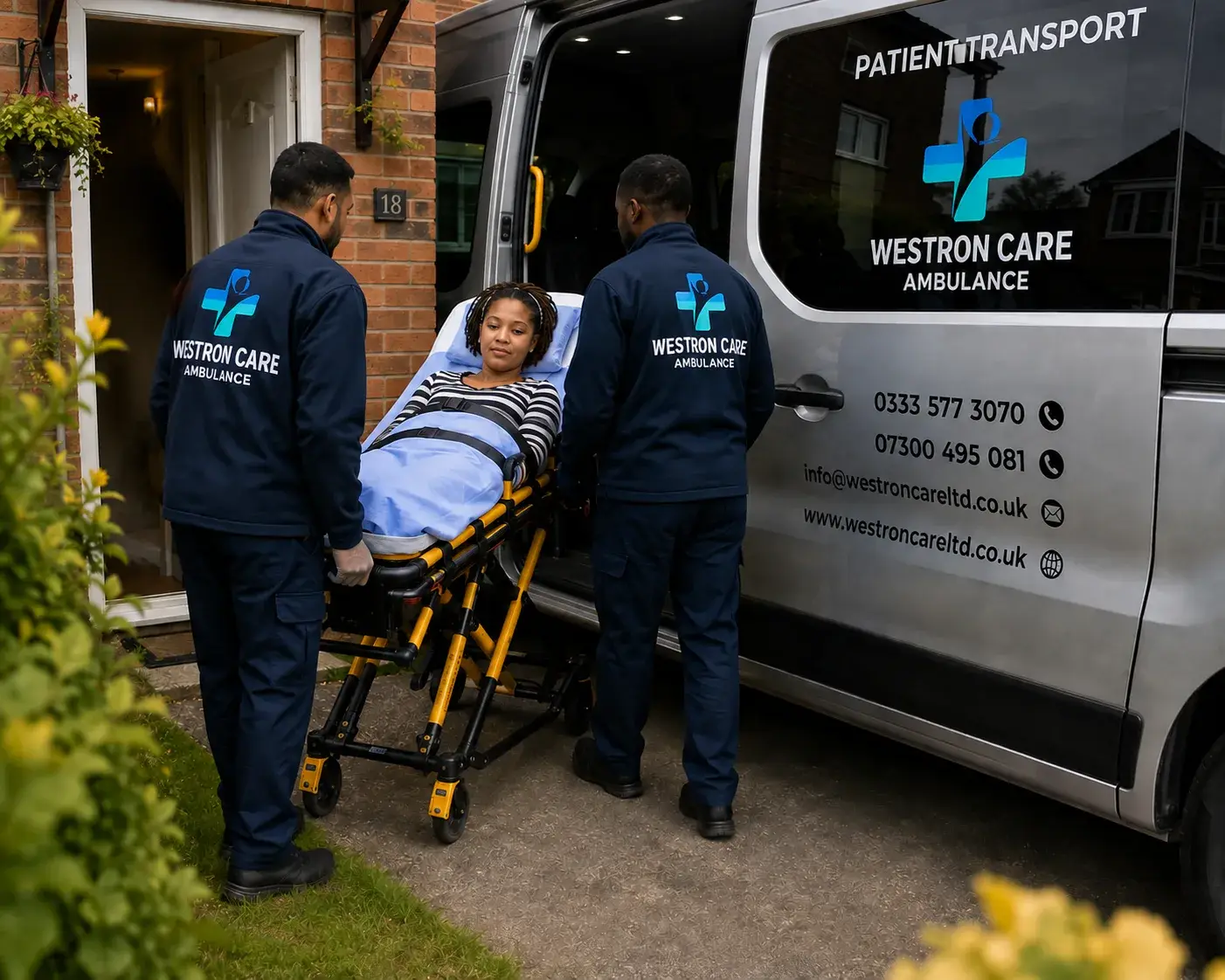 Westron Care crew helping a stretcher patient from home for a day out